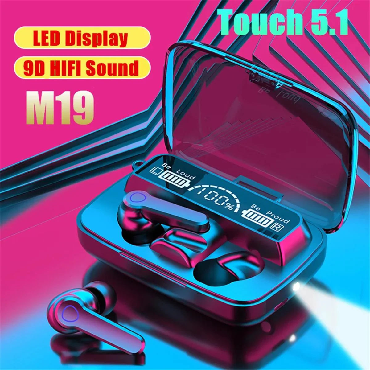 M19 EARBUDS TWS EARPHONE TOUCH CONTROL WIRELESS BLUETOOTH 5.1 HEADPHONES WITH MICROPHONE WITH FLASHLIGHT Daraz Mart